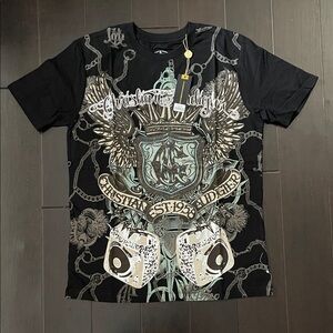 Brand New Christian Audigier Black and Gray Graphic Tee. Mens size Med.
